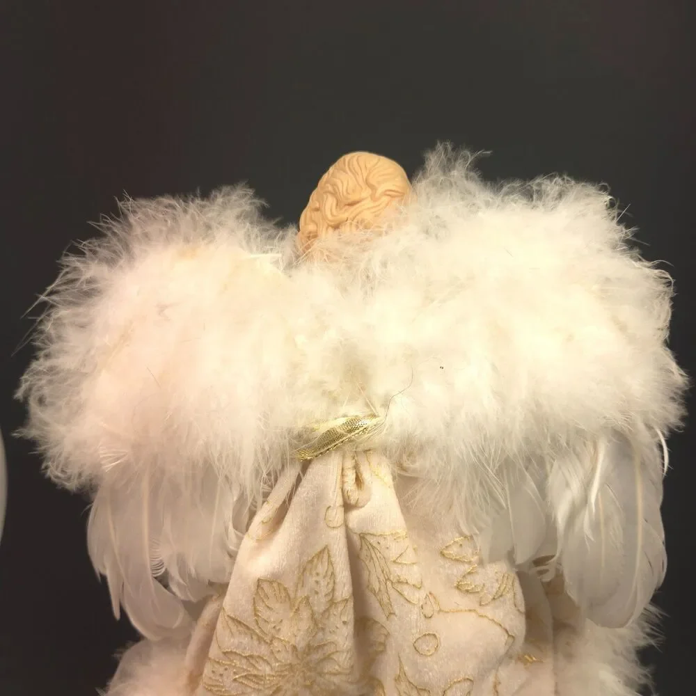 Elegant Cream & Gold Angel Tree Topper Feather Wings Christmas 11.5